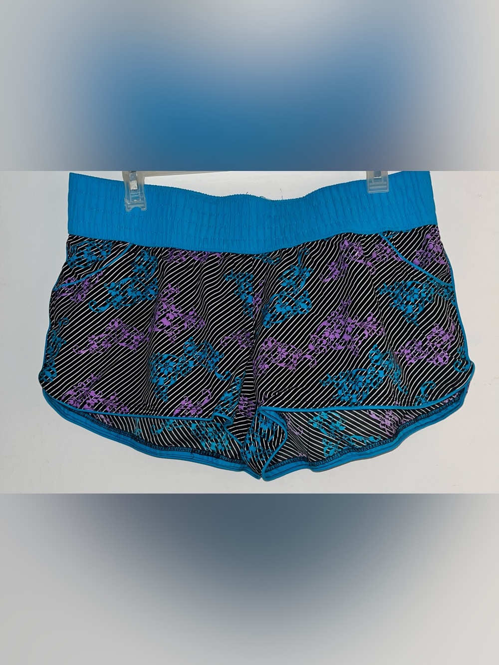 Xhilaration Black Pinstripe Shorts with Teal Waistband and Purple Floral Print